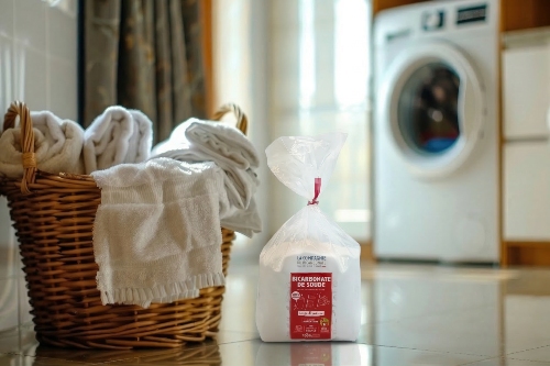 Sachet de bicarbonate poser à coter d’un panier à linge