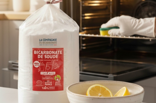 Un sachet de bicarbonate et du citron près d’un four en cours de nettoyage