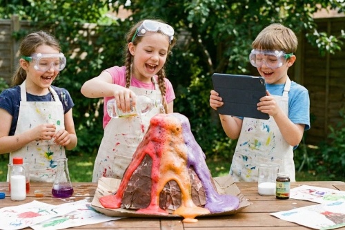 Trois enfants ayant créé le volcan miniature