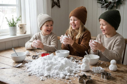 trois enfants jouant avec de la fausse neige bicarbonate