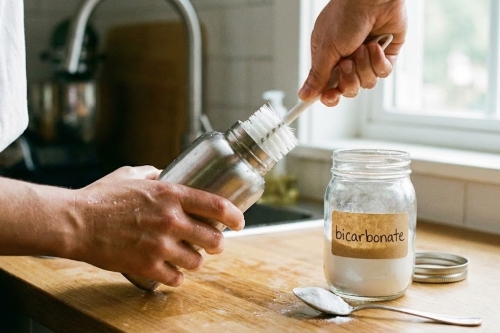 Nettoyage d'une gourde en inox avec un écouvillon et du bicarbonate