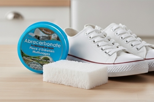 Gros plan sur une éponge prélevant de la pierre d'entretien blanche dans un pot, formant une mousse fine.