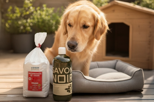 Chien devant sa niche avec les produits de la Compagnie du bicarbonate