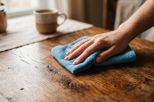 Nettoyage doux d'une surface en bois avec un chiffon microfibre. 