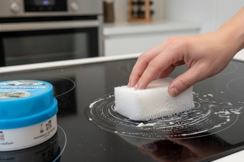 Nettoyage d'une plaque de cuisson vitrocéramique avec une éponge blanche.