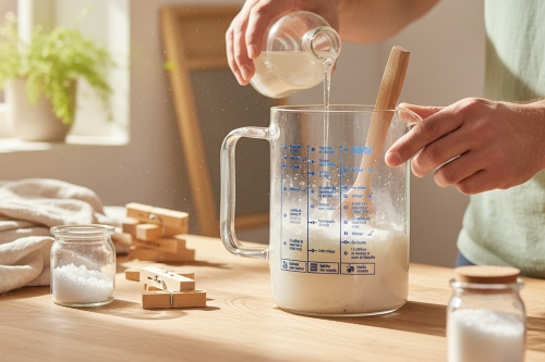 personne qui prépare sa lessive avec le Verre à tout faire