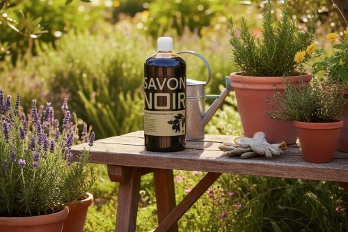 Bouteille de savon noir posée sur une table.
