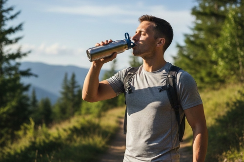 Randonneur buvant dans sa gourde en inox
