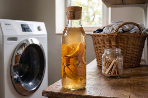 Macération de zestes d'agrumes dans du vinaigre blanc.