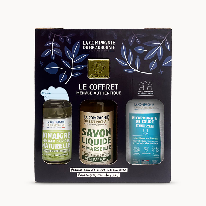 Le coffret ménage authentique et ses 3 produits essentiels.