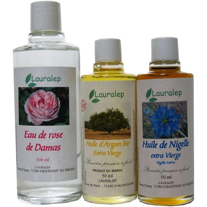 Lot de 3 produits de beauté: eau de rose + huile d'argan + huile de nigelle
