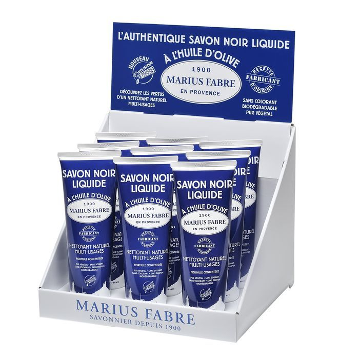 Savons Noir liquide en tube Marius Fabre présentoir en carton