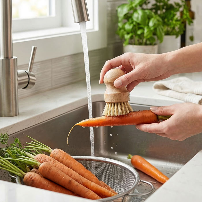 Utilisation de la brosse légume bois boule tampico pour laver des carottes dans une cuisine.