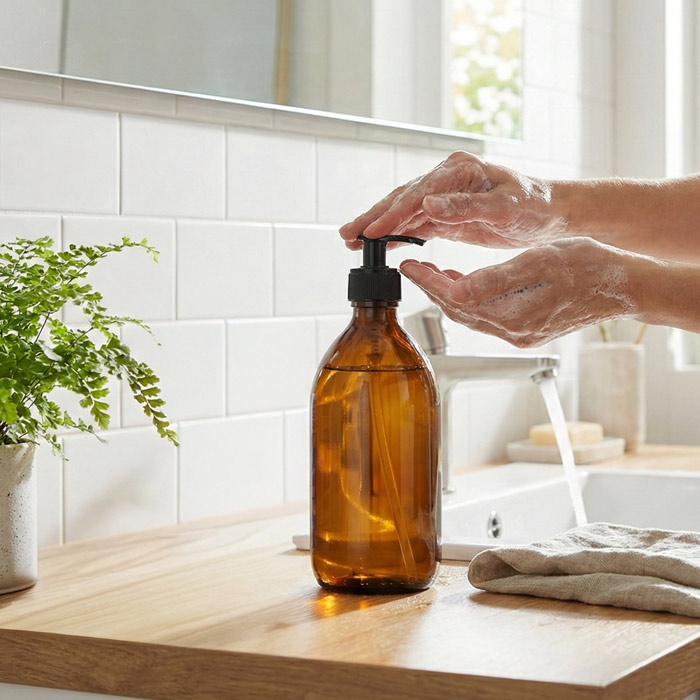 Flacon en verre ambré avec bouchon pompe noir