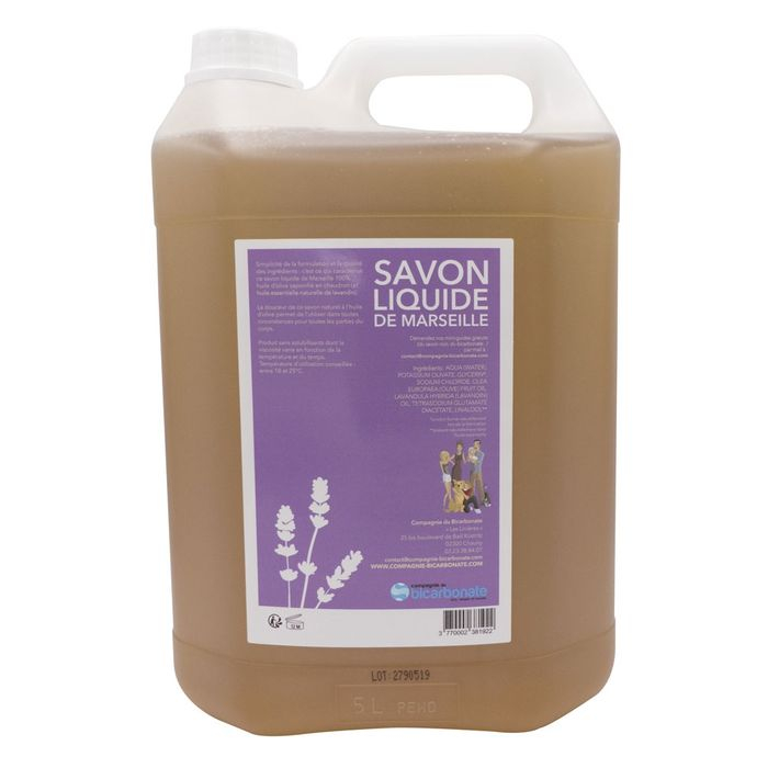 Verso du Savon liquide de Marseille parfumé à l’huile essentielle de Lavandin - Bidon de 5 litres 5L