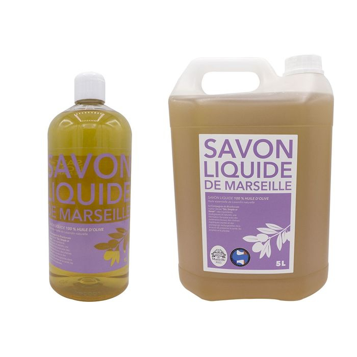 Savon liquide de Marseille à l'huile d'olive et au parfum lavandin en conditionnement de 1L et 5L