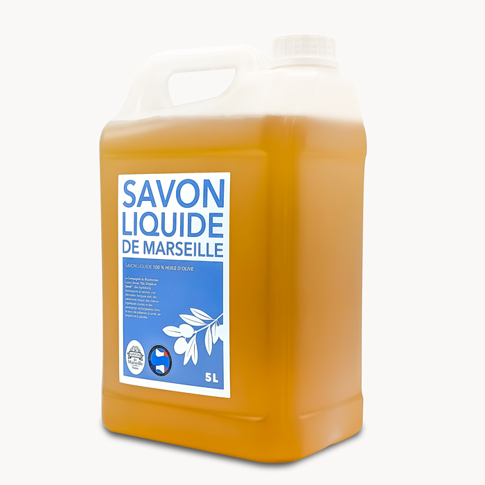 Bidon de 5L de savon de Marseille vu de côté