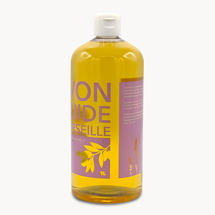 savon liquide de Marseille à l'huile essentielle de lavandin vu de côté 
