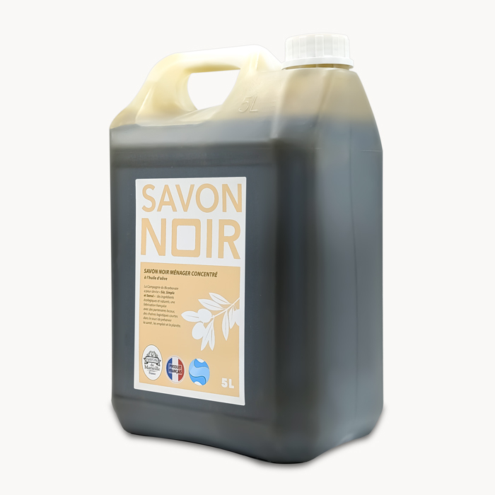 bidon de 5L de savon noir à l'huile d'olive vu de côté