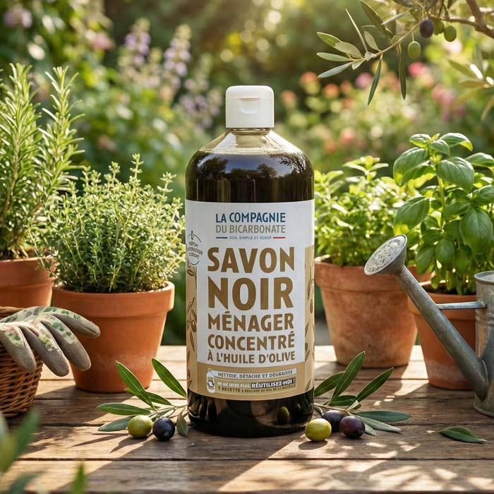 Bouteille de savon noir olive dans un jardin