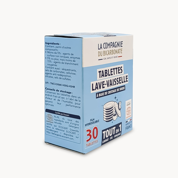 30 tablettes lave-vaisselle "tout en 1", à base de cristaux de soude