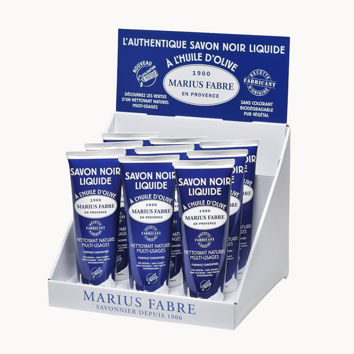 Savons Noir liquide en tube Marius Fabre présentoir en carton