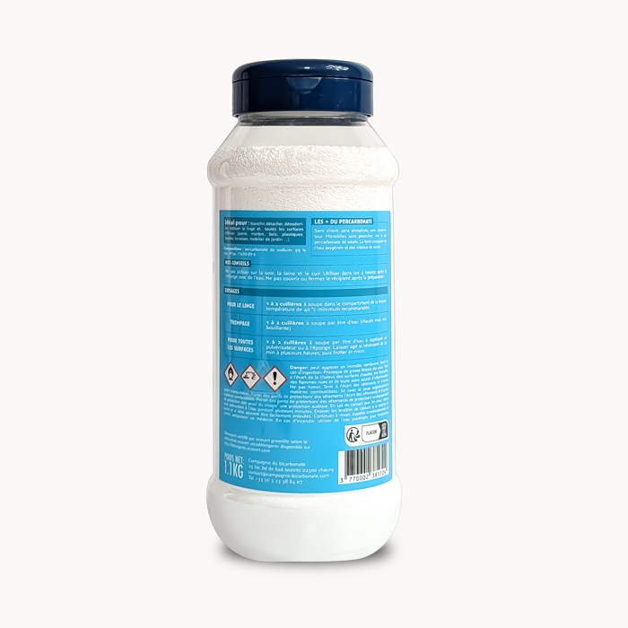 Percarbonate de soude en flacon vu de dos