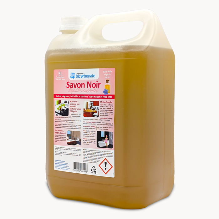 Bidon de 5L de savon noir liquide à l'huile de lin de côté 