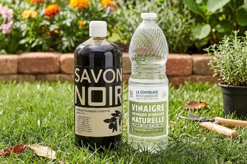 Bouteille de vinaigre blanc et savon noir liquide pour le jardin.