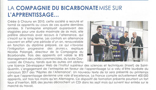 Article de la Gazette Picardie février 2018  "La Compagnie du Bicarbonate mise sur l'apprentissage"