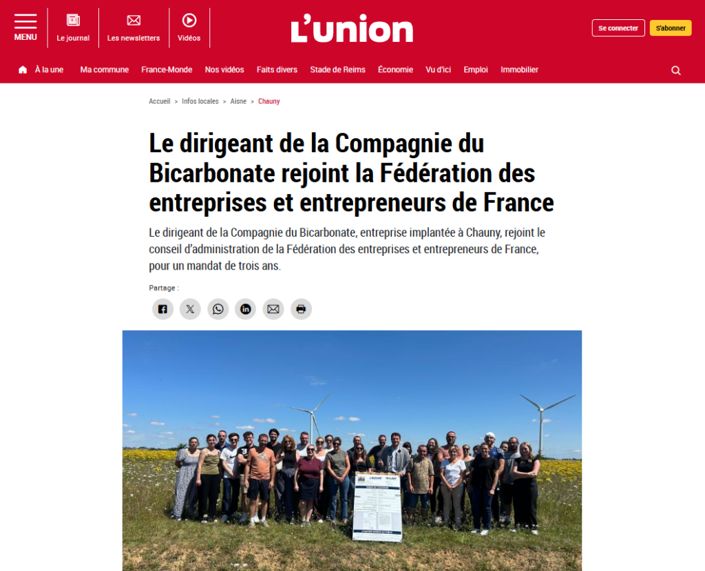 Article de L'Union - Le dirigeant de la Compagnie du Bicarbonate rejoint la Fédération des entreprises et entrepreneurs de France